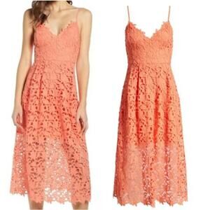 ASTR The Label Floral Lace Midi Dress Size M Coral Guipure Wedding Guest Party